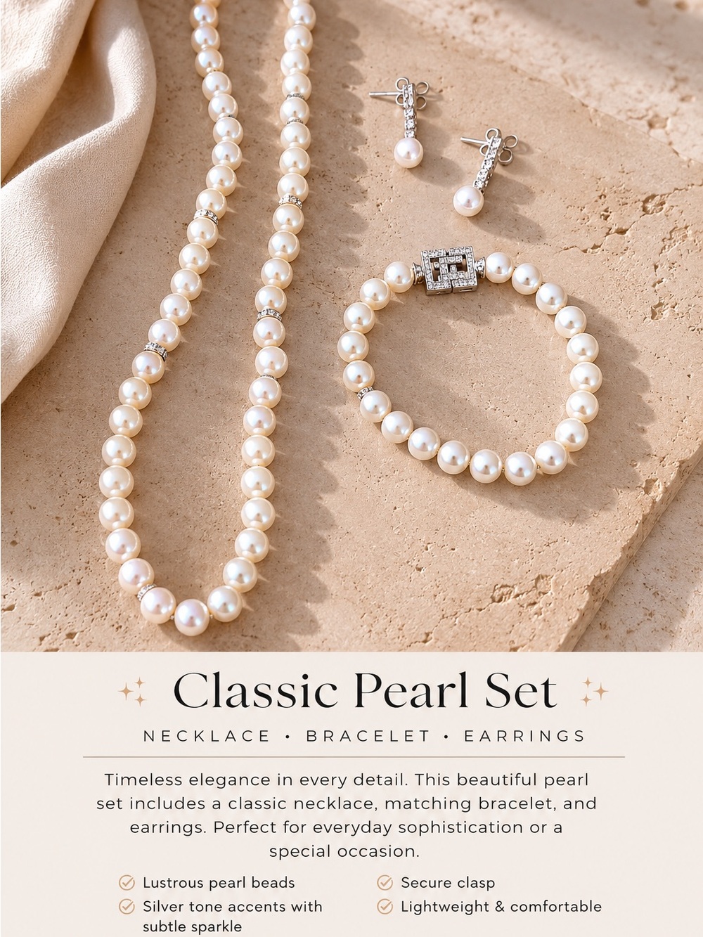 Classic Pearl Jewelry Set – Ivory Pearl Necklace, Bracelet & Earrings